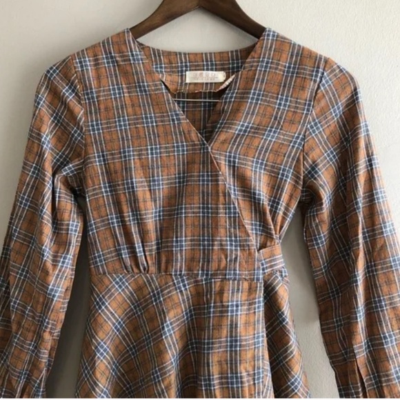 Preppy Plaid Wrap Skirt Tie Waist Long Sleeve V Neck Flowy Mini Dress Brown - Picture 3 of 11